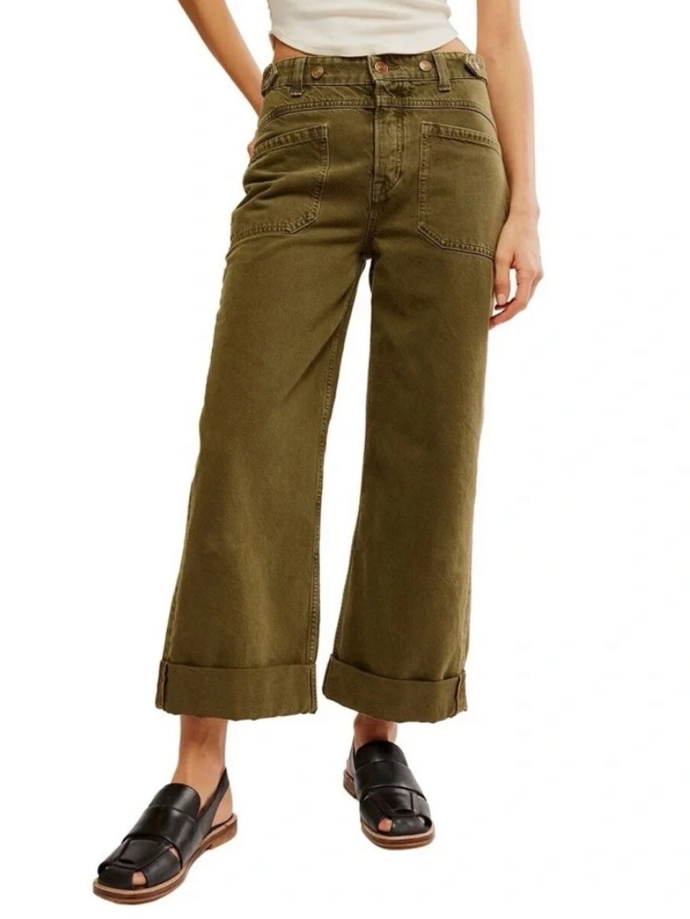 Free People We The Free Moss Green Palmer High Rise Wide Leg Jean